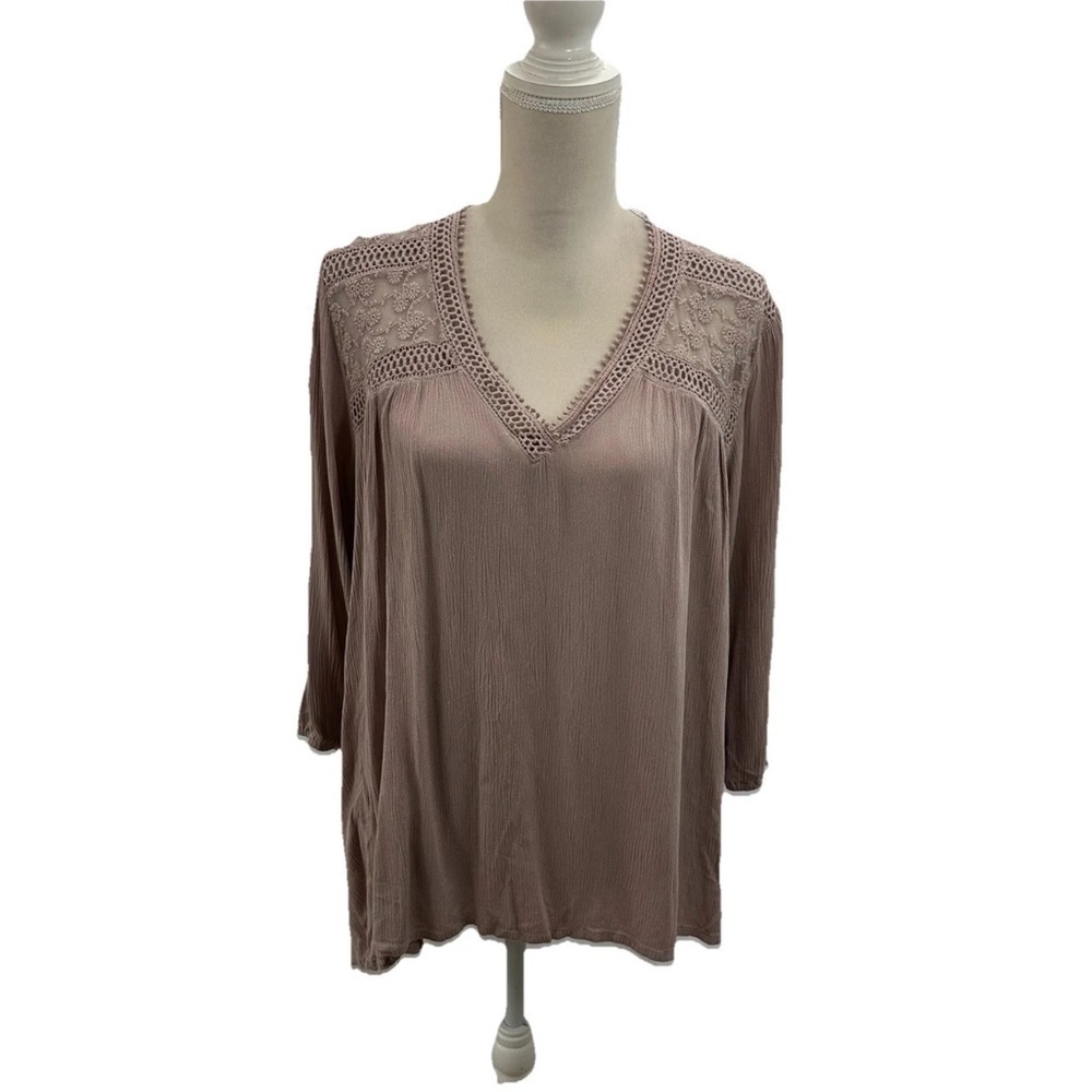 Boho JohnPaulRichard Flowy Embroidered Blouse 3/4 Puff Sleeves V Neck Plus 1X